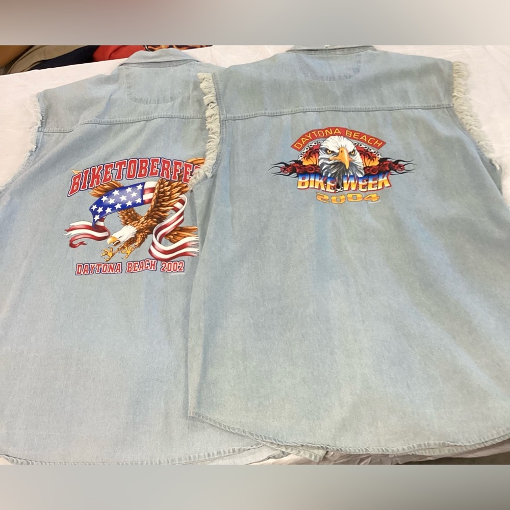 Lot of 2 Men's Sleeveless Denim Shirts. Biker. 2002 & 2004. Daytona Bike week